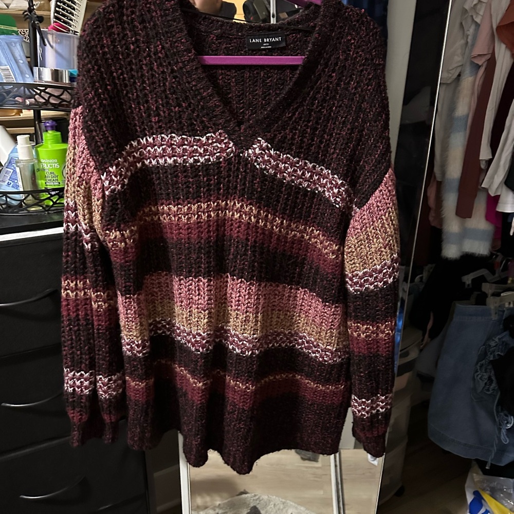 Lane Bryant V-Neck Sweater Red and Pink Striped